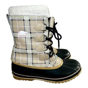 Sorel Women's Waterproof Plaid Rubber Winter Boots, Cream, Black, Size 10